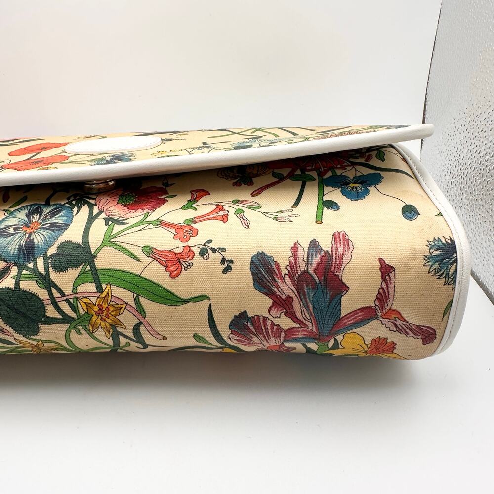 Gucci Vintage 80s Flora Flap Clutch Bag Ecru Canvas White Leather Trim READ - Picture 5 of 16
